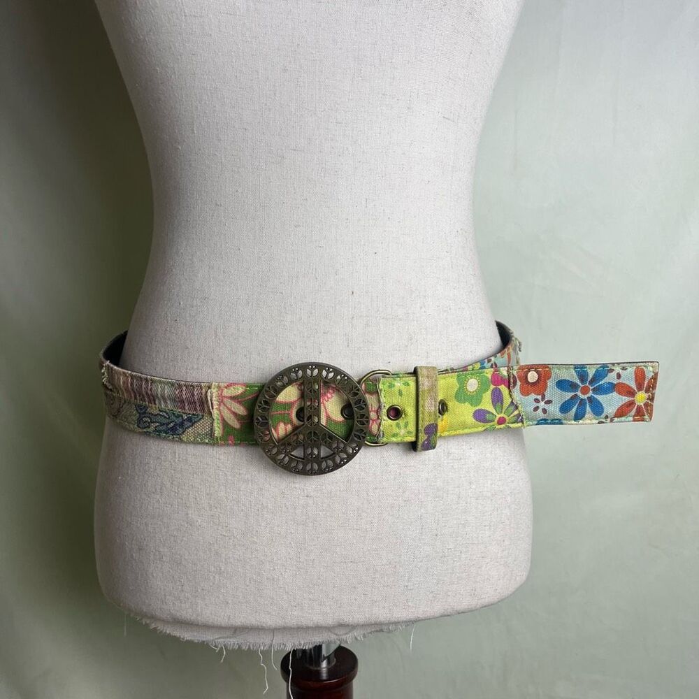 Retro Patchwork Belt Peace Sign Buckle Floral Distressed Hippie Festival M